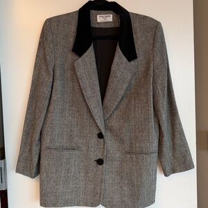 Black and Gray Tweed Wool Blazer with velvet Collar